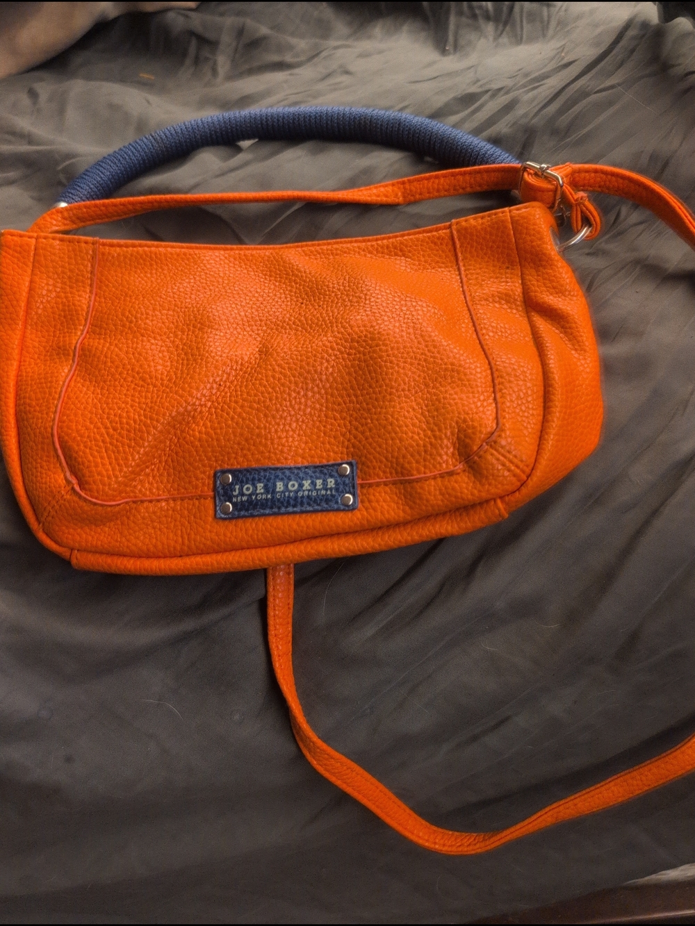 Joe Boxer Orange Pebbled Leather Shoulder Bag with Navy Handle Accent